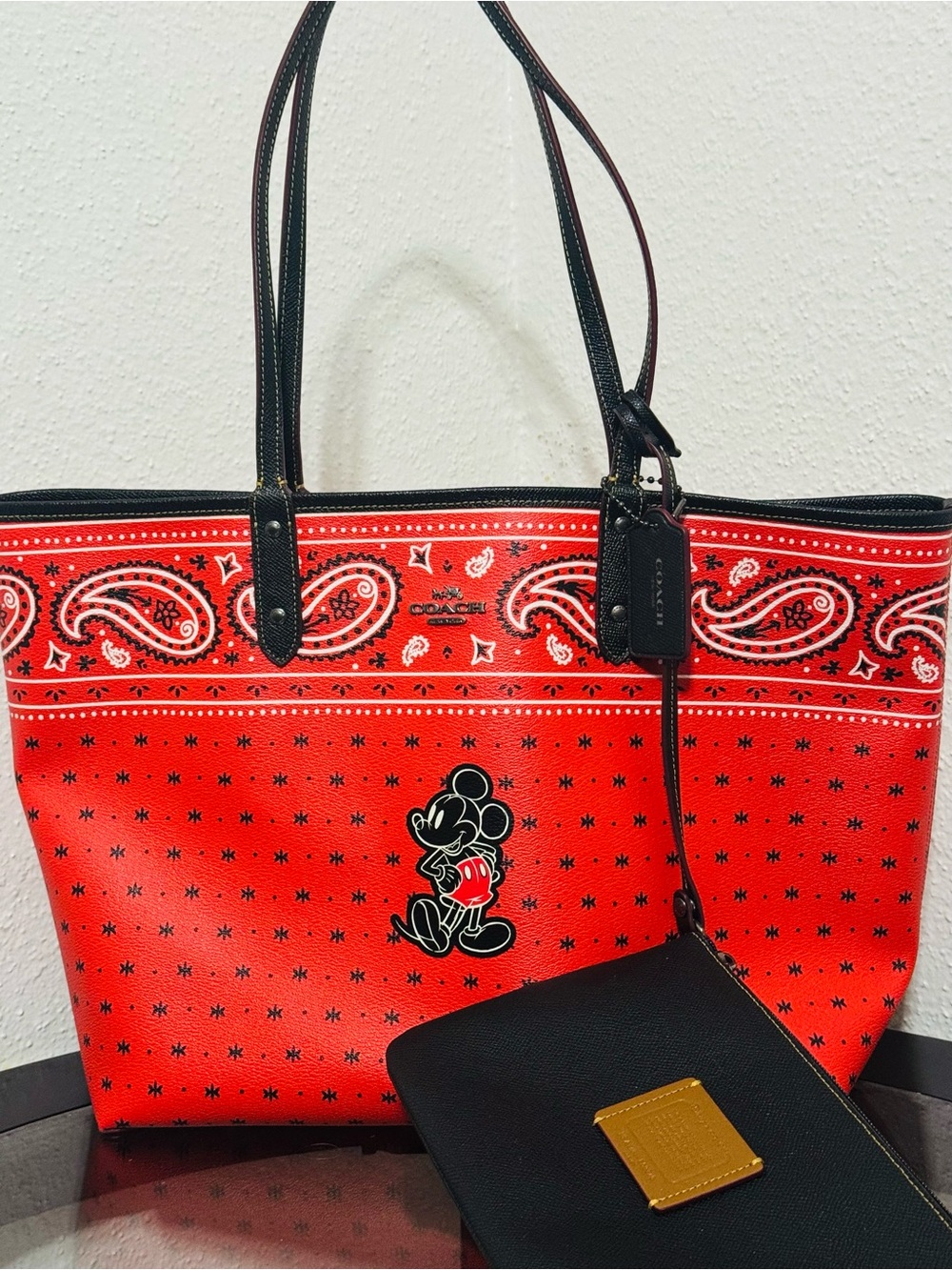 Coach Mickey Mouse Reversible Red Bandana print city tote